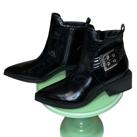 Glossy Black Ankle Booties with Wing Detail - Picture 1 of 6